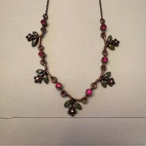 Vintage necklace and stud pierced earrings set, dark pink, light pink, and green